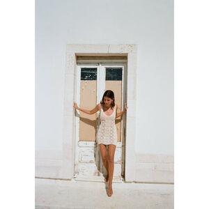 Zara Beige Mini Dress Beach Cover Up Open Weave Crochet V-Neck Sleeveless Sz S